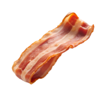 Close-up of a single bacon strip isolated on a white background, showcasing its marbled layers of fat and muscle, ready for cooking. png