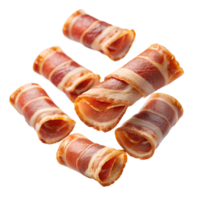 Crispy rolled bacon strips isolated on white background, showcasing a savory snack perfect for breakfast or garnish in various dishes. png