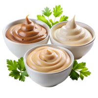 Assorted creamy sauces in white bowls with parsley garnish in the background. Perfect for culinary and food-related themes. png