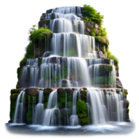 A stunning multi-tiered waterfall cascades over moss-covered rocks, creating a serene and picturesque nature scene. png