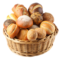 Basket filled with a variety of fresh bread rolls, including seeded, plain, and dusted with flour. Perfect for bakery or breakfast themes. png