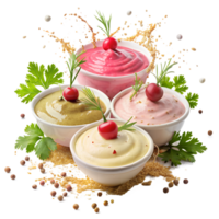 Assorted colorful gourmet sauces in bowls with fresh herbs and spices, perfect for culinary presentations and food art. png