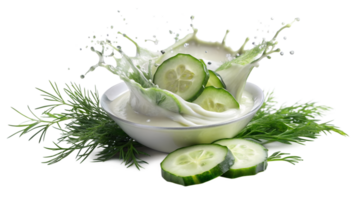 Fresh cucumber slices with dill in a splash of creamy yogurt, highlighting healthy and refreshing ingredients in a white bowl. png