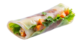 Fresh Vietnamese spring roll with shrimp, cucumber, carrot, and cilantro, wrapped in rice paper and isolated on white background. png