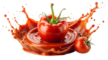 Fresh tomato splashing into tomato sauce, showcasing vibrant colors and freshness, perfect for culinary and cooking themes. png
