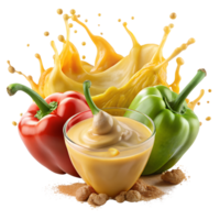 Vibrant image of red and green bell peppers with a splash of mustard and a glass of mustard sauce, creating a colorful and tasty presentation. png