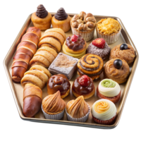 Hexagonal tray filled with assorted delicious pastries, breads, and confectioneries, displayed attractively for a perfect dessert spread. png