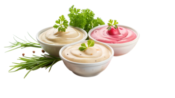 Three bowls of colorful dips garnished with herbs, presented on a white background, perfect for culinary and food-related projects. png