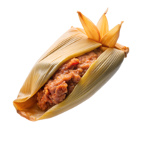 Traditional Mexican tamale with pork filling wrapped in corn husk, isolated on white background. Authentic Latin American cuisine. png