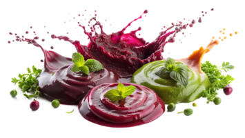 Vibrant and colorful splashing sauces with fresh herbs, showcasing a variety of flavors and ingredients, perfect for culinary and food-related use. png