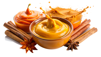 Three bowls with various types of mustard surrounded by cinnamon sticks and star anise on a white background. png
