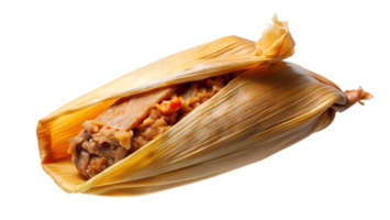 Steamed tamale with filling, wrapped in corn husk, isolated on white background. Traditional Mexican cuisine, authentic and delicious delight. png