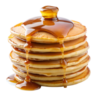 Stack of fluffy pancakes topped with syrup, perfect for breakfast. Delicious, golden, and mouth-watering pancakes with sweet syrup. png