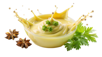 Fresh creamy sauce in a bowl surrounded by herbs and spices, perfect for culinary use and food presentations. png