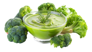 Fresh green broccoli florets surrounding a bowl of creamy broccoli soup with a garnish of fresh dill, isolated on white background. png