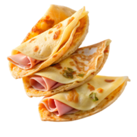Three folded crepes filled with ham, showcasing a delicious combination of savory and soft textures perfect for a mouth-watering meal. png