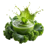 Fresh green vegetable smoothie with vibrant lettuce leaves and kale. Healthy detox drink rich in vitamins on white background. png