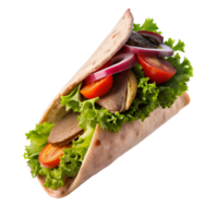 Fresh gyro sandwich with lettuce, tomato, red onion, and meat in pita bread, isolated on a white background. png