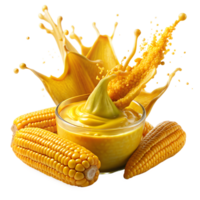 Fresh corn with a splash of creamy mustard sauce, captures the vibrant mix of flavors and textures in a delicious culinary presentation. png