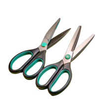 A pair of modern black and green scissors with sharp metallic blades designed for precision cutting, displayed on a white background. png