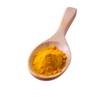 A wooden spoon filled with vibrant turmeric powder, isolated on a white background, perfect for culinary and health-related projects. png