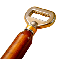 Close-up of a modern metal bottle opener with a polished wooden handle, isolated on a white background png