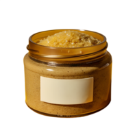 A close-up of a glass jar filled with brown sugar scrub, perfect for skincare and exfoliation. The empty label allows for customization. png