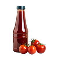 Close-up of a bottle of tomato sauce with fresh tomatoes on a white background, highlighting the natural and fresh ingredients used. png