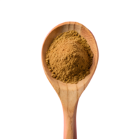 Wooden spoon filled with ground brown spice powder isolated on white background, ideal for culinary and food projects. png