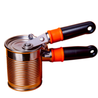 A metal can with an attached can opener featuring black and orange handles, isolated on a white background. png