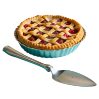 Freshly baked cherry pie in a turquoise dish with a pie server on a white background, perfect for desserts and bakery themed designs. png