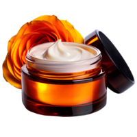 Luxury skincare cream in amber jar with vibrant orange rose, perfect for beauty and wellness concepts. High-quality product photo. png