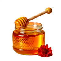Glass jar filled with golden honey, accompanied by a wooden dipper and a vibrant red flower, showcasing the natural sweetness. png
