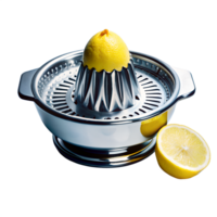 Stainless steel lemon juicer with a lemon half. Ideal for extracting fresh juice in kitchens. Convenient and efficient citrus squeezer tool. png