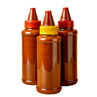 Three orange condiment bottles with different colored caps isolated on a white background, perfect for culinary and cooking contexts. png
