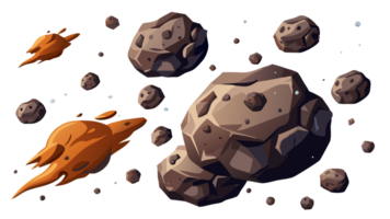 Animated space scene with asteroids and meteorites floating, featuring different sized rocks in a cosmic environment. png
