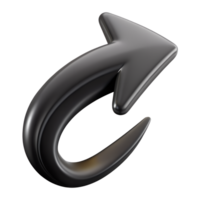 3D black curved arrow icon on a white background, representing direction, navigation, or returning. Perfect for web design and interfaces. png