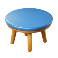 3D rendered image of a small, round, blue tabletop with four brown wooden legs, perfect for interior design projects and furniture illustrations. png
