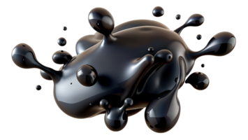Abstract black liquid splash isolated on white background. 3D rendering, fluid art concept, dynamic motion illustration. png