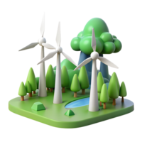 3D illustration of wind turbines in a forest setting with a pond, representing renewable energy and sustainable environmental practices. png