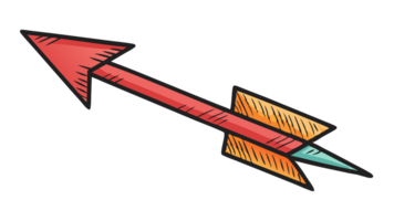 Colorful hand-drawn illustration of an arrow with orange and yellow fletching, and a red pointed tip, isolated on a white background. png