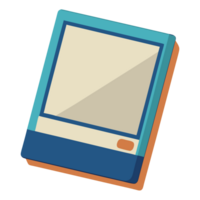 Illustration of a retro electronic device with a blue and orange frame, depicting a vintage tech gadget with a simple design. png