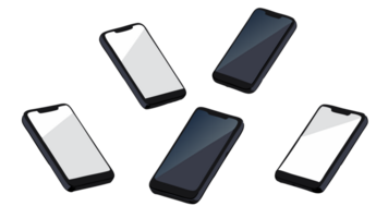 Isometric illustration of modern smartphones in different orientations, showcasing sleek design and blank screens on a white background. png