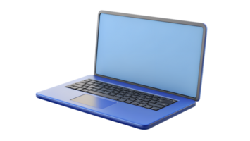 Modern blue laptop isolated on white background with blank screen, open at an angle, showcasing keyboard and touchpad. png