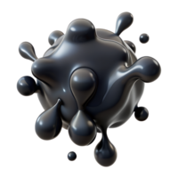 Glossy black abstract shape with fluid droplets, isolated on a white background, representing modern art and creativity. png