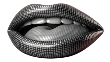 Close-up of black and white pixelated lips with teeth in a modern and abstract digital art style, isolated on white background. png