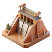 Isometric illustration of a hydroelectric dam with architectural details and surrounding elements in a 3D design style. png