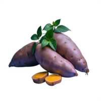 Fresh sweet potatoes with green leaves against a white background. Vibrant colors, perfect for cooking, gardening, or health-related content png