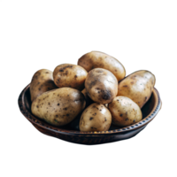 A rustic bowl filled with fresh, organic potatoes, showcasing their earthy texture and natural appearance on a clean background. png