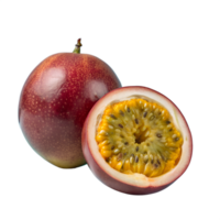 Close-up image of whole and halved passion fruit showcasing vibrant color and detailed texture. Perfect for health and nutrition concepts. png